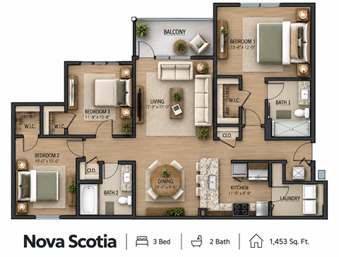 Floor plan for 3 beds, 2 baths, 1453 sqft